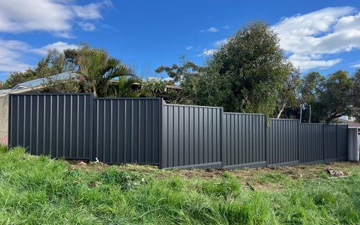 Grey Colorbond fence along an overgrown side boundary