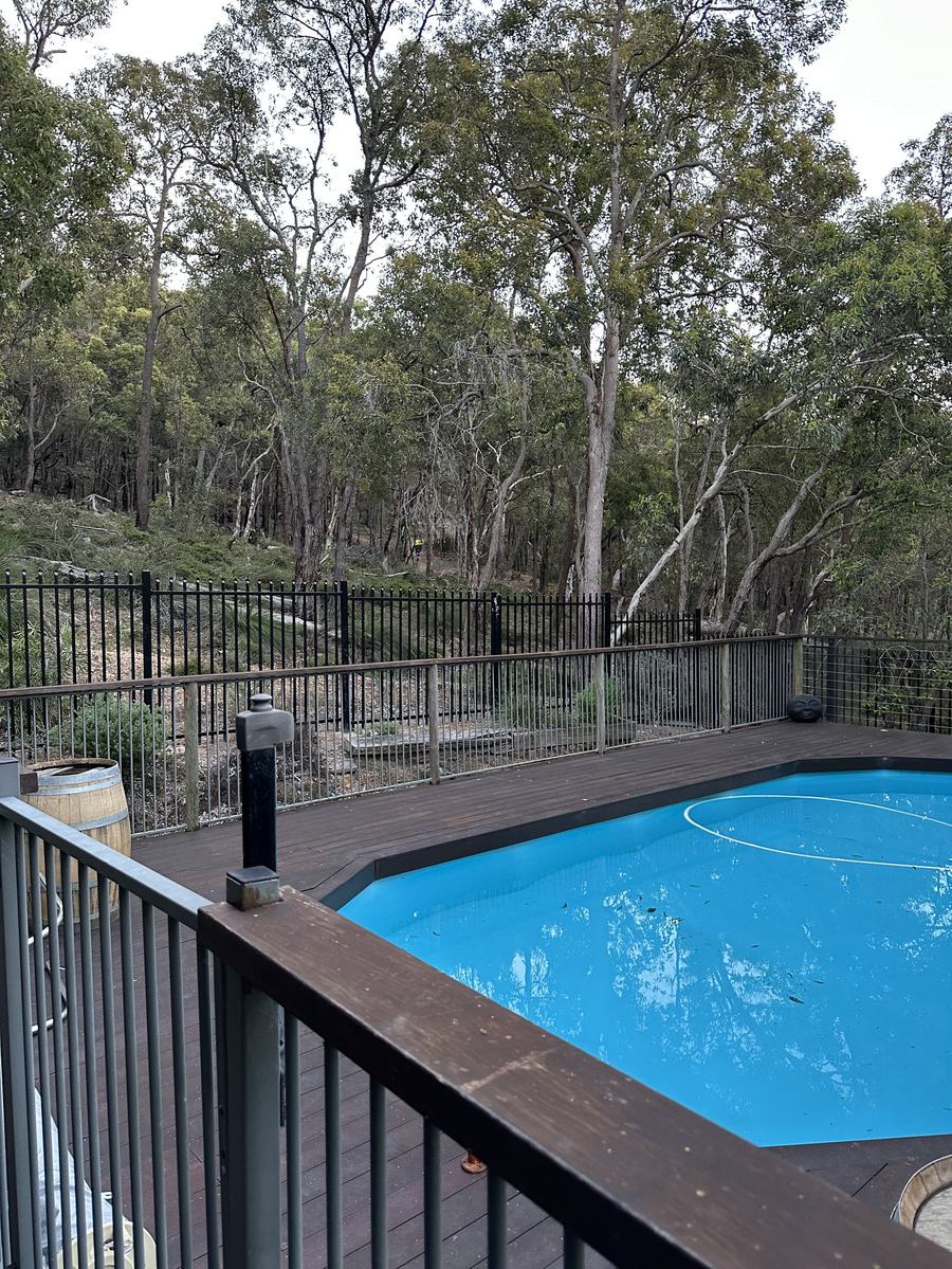 Black tubular pool fence overlooking native bushland